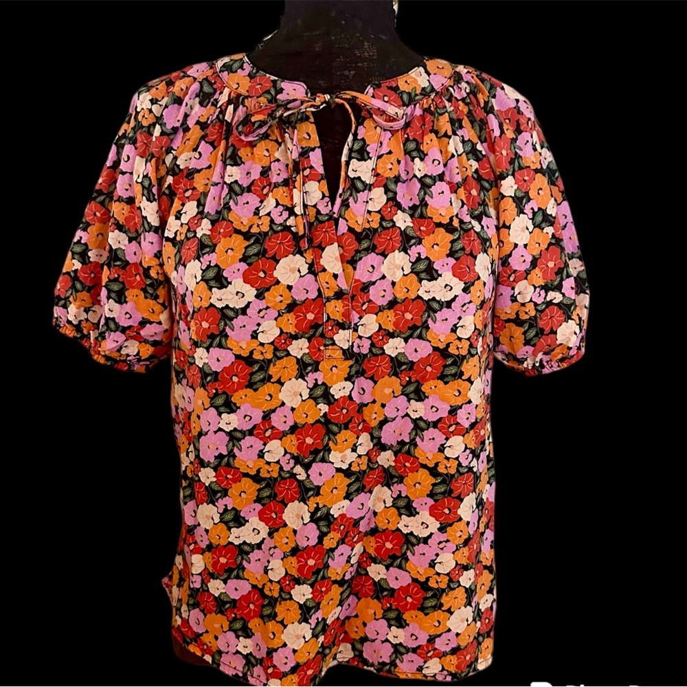 Loft Top Petite Floral Tie Neck Puff Sleeve cotton blend size SP
